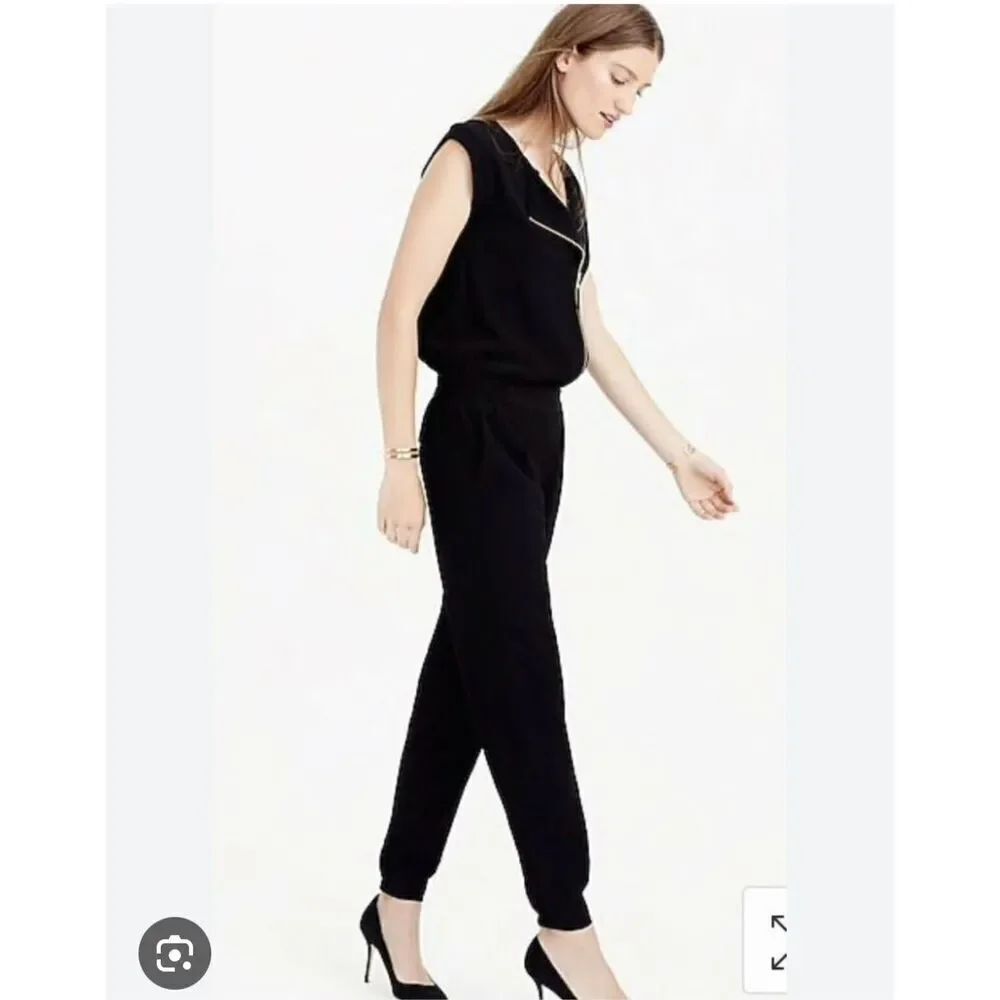 J. Crew Black Asymmetrical Zipper Cap Sleeve Jumpsuit Sz 12 EUC